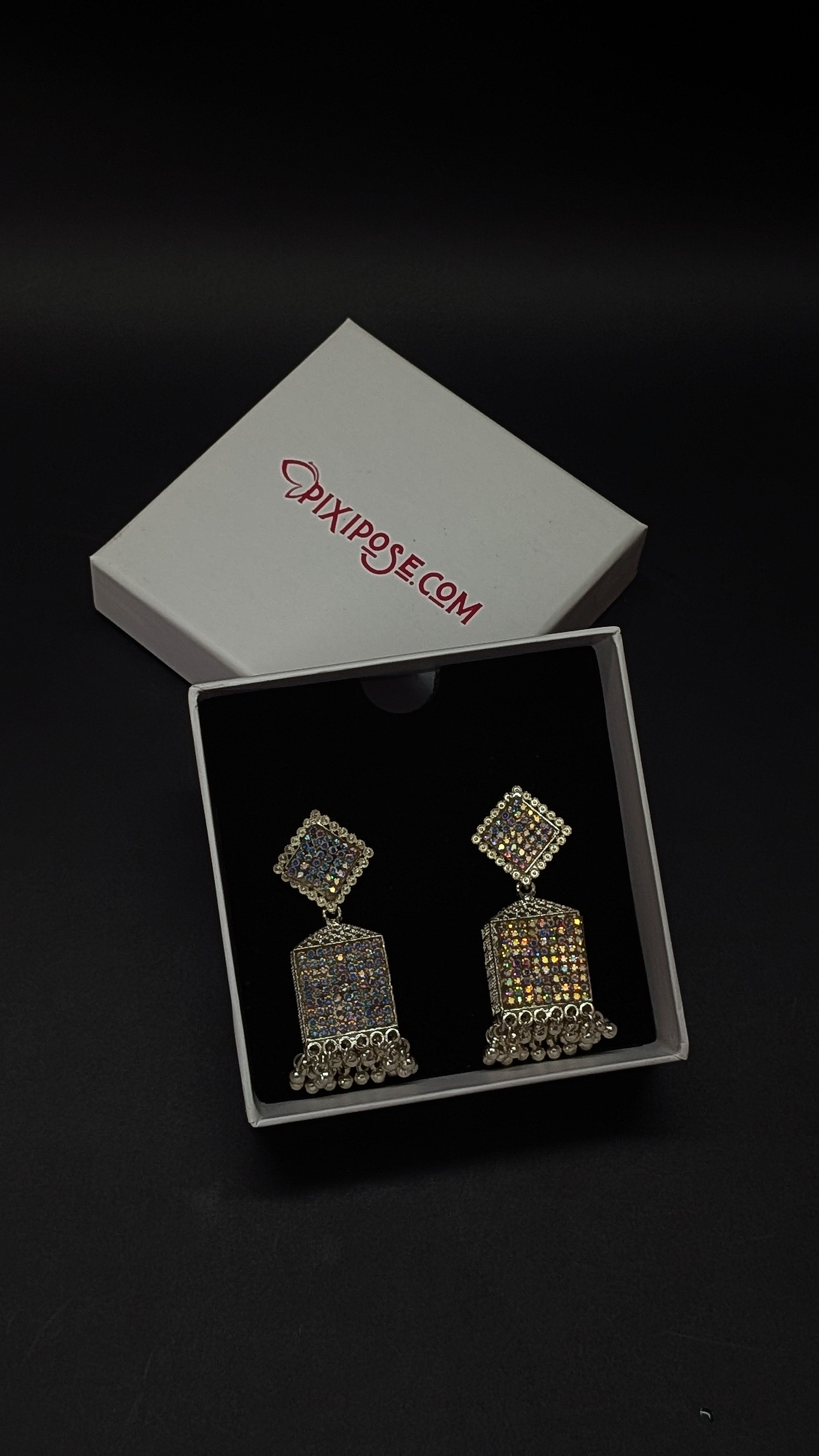 Oxidised Silver Sparkling Ethnic Dangler Earrings