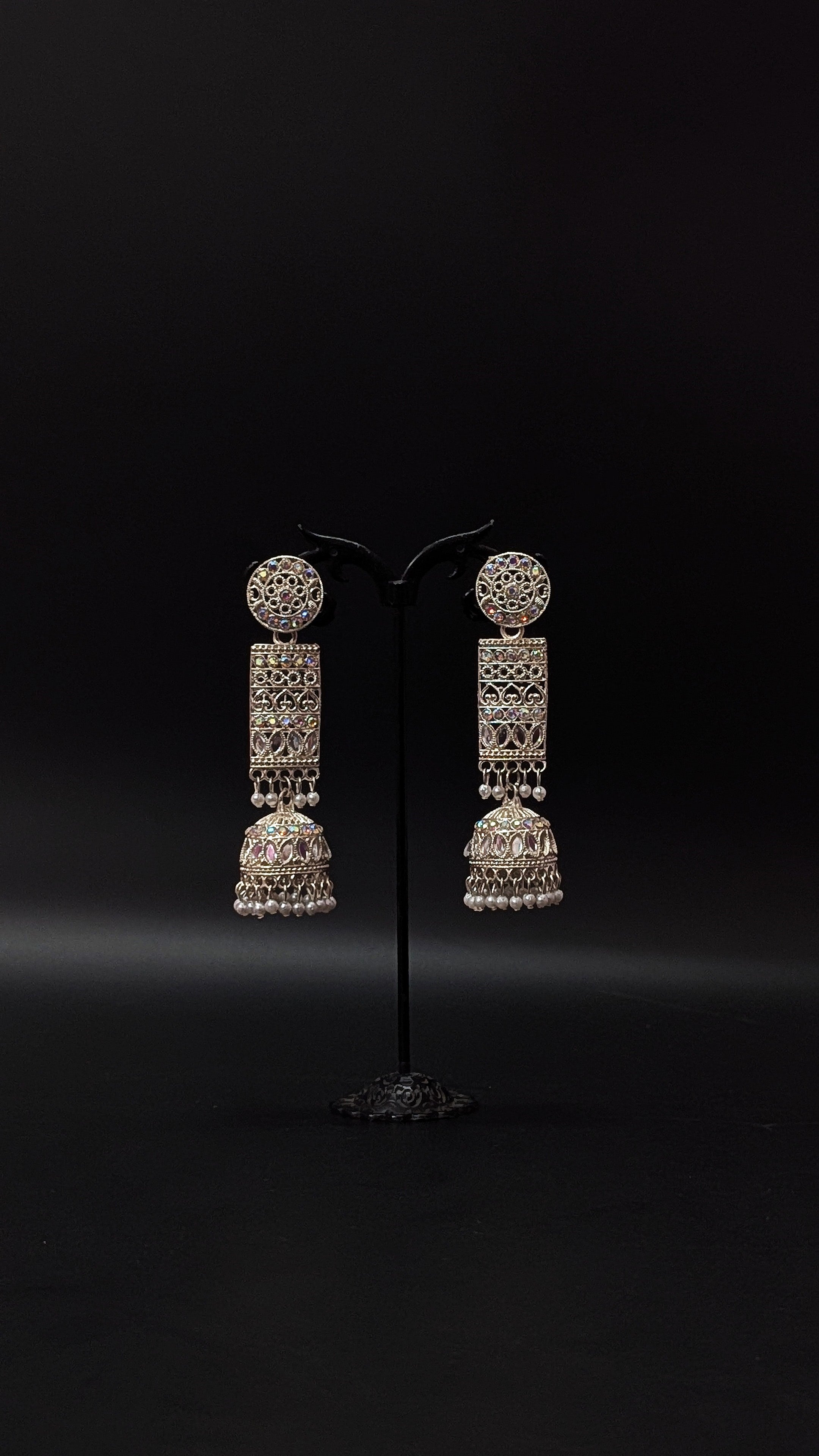 Oxidised Silver Ethnic Long  Sparkling Jhumka Earrings