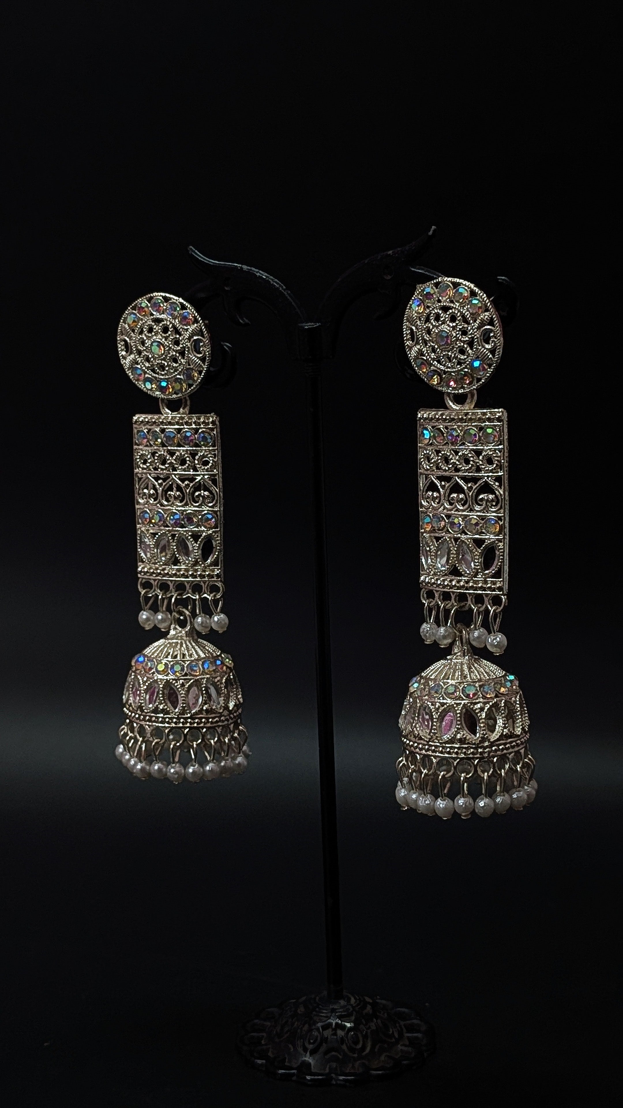 Oxidised Silver Ethnic Long  Sparkling Jhumka Earrings