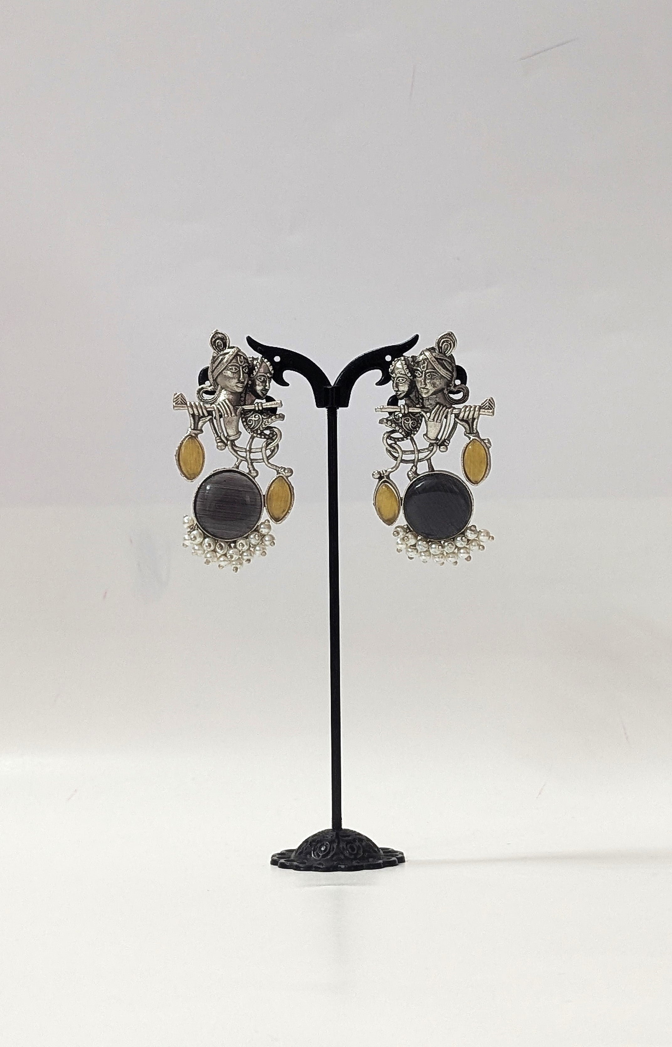 Radha Krishna Oxidised Silver Earrings for Women with Black Stone & Yellow Accents