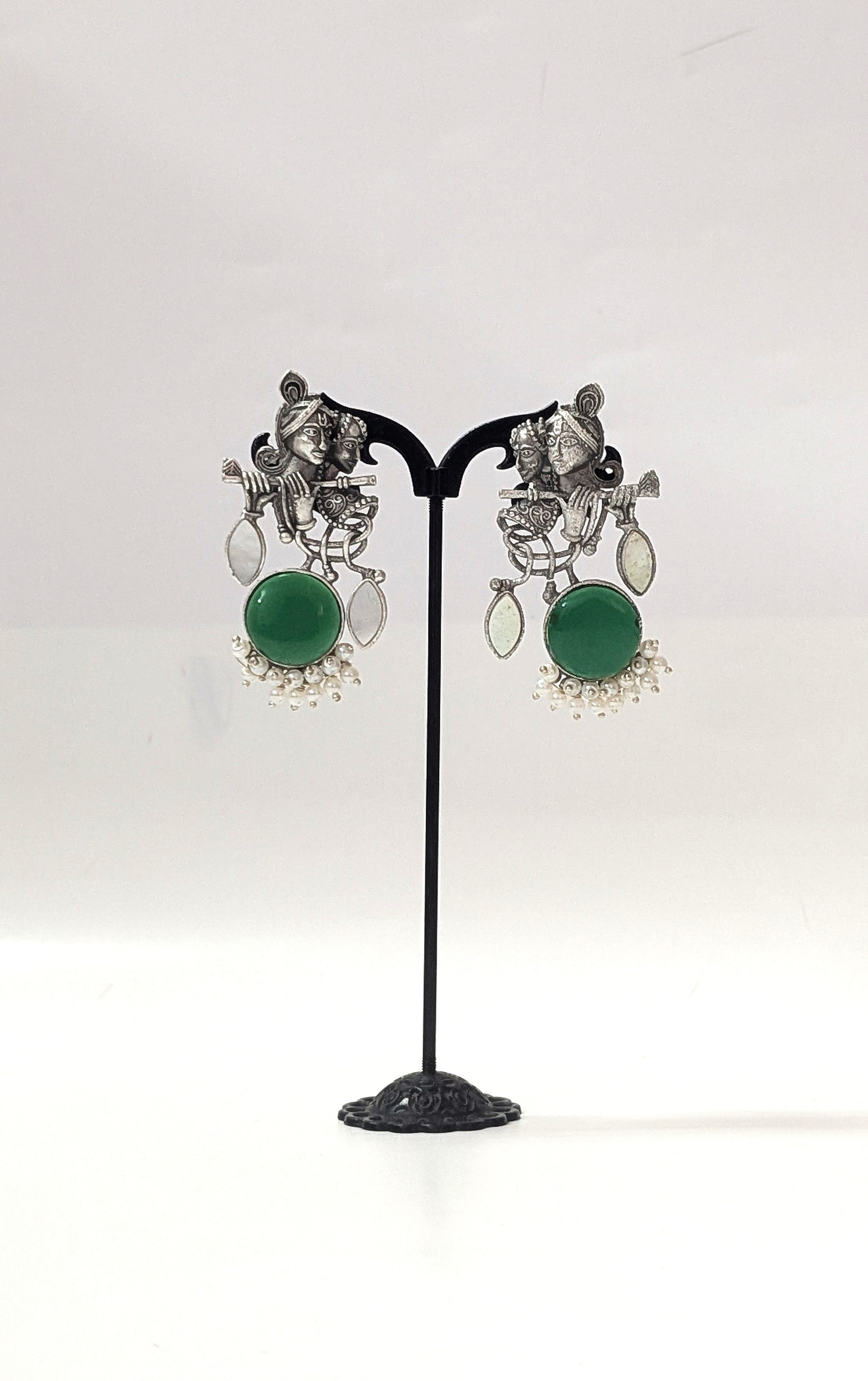 Radha Krishna Oxidised Earrings for women in Green with White Drops
