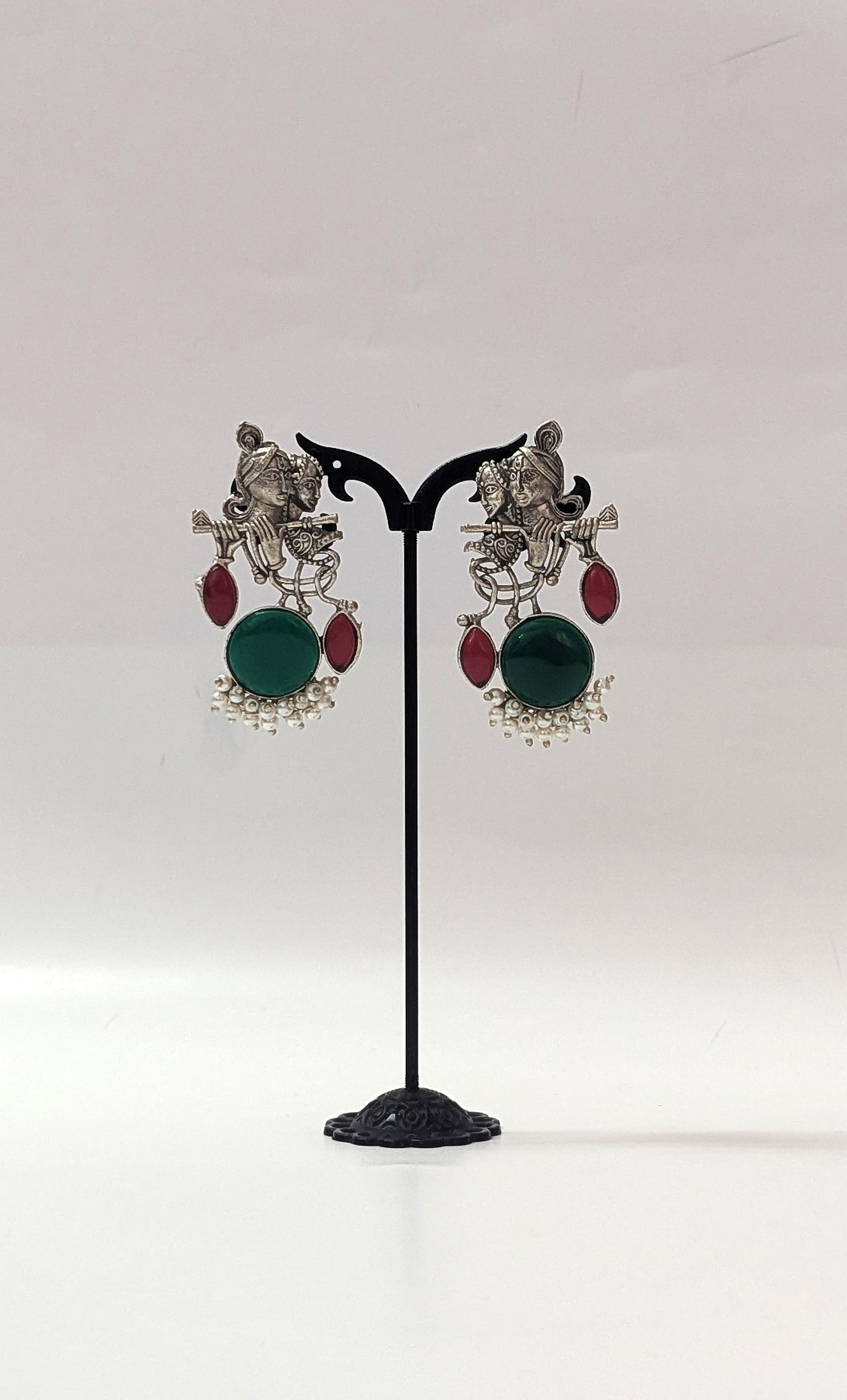 Radha Krishna Oxidised Earrings for women in Green with maroon Drops