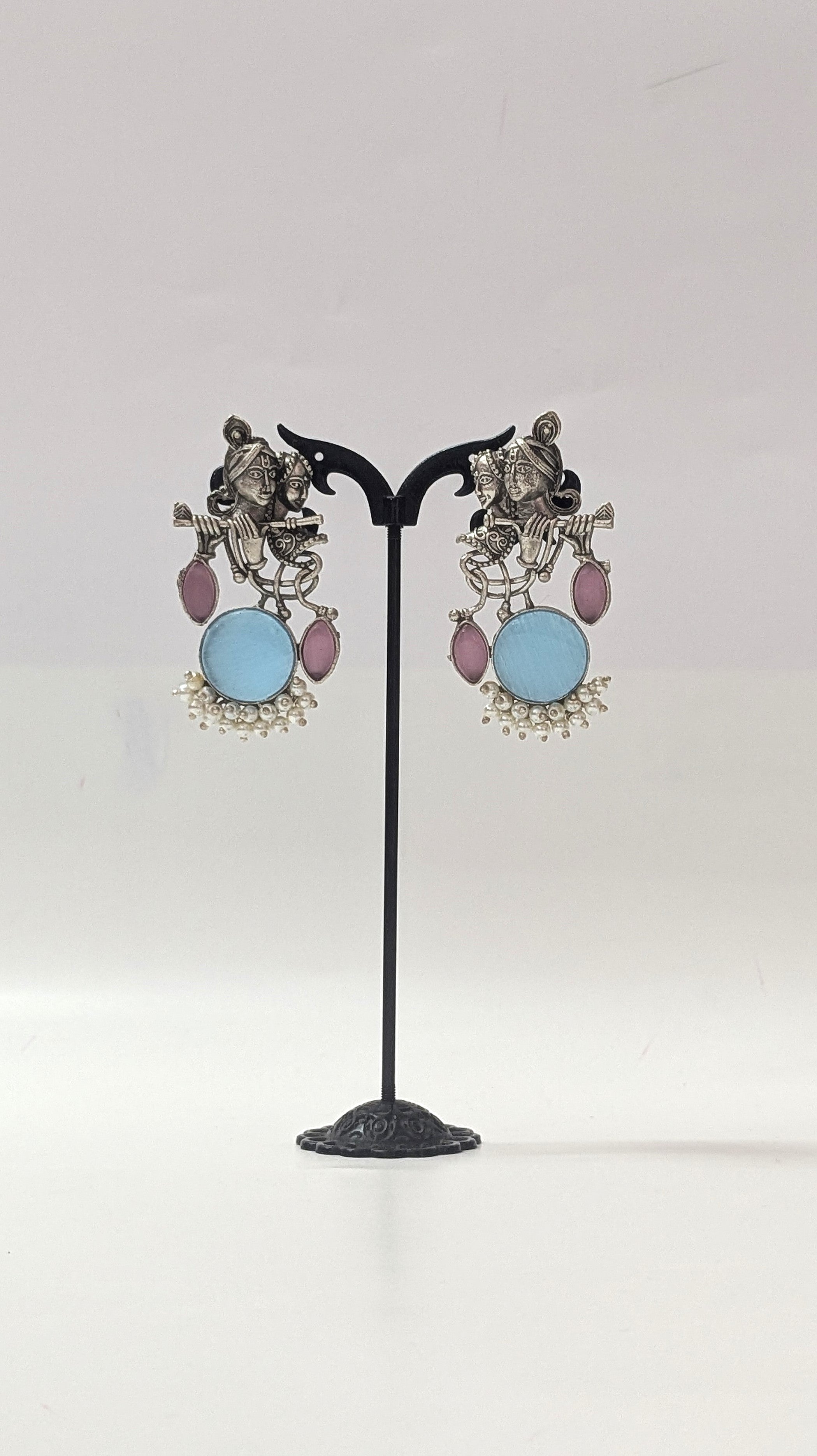 Radha Krishna Oxidized Silver Earrings with Blue Stone & Pearl Drops