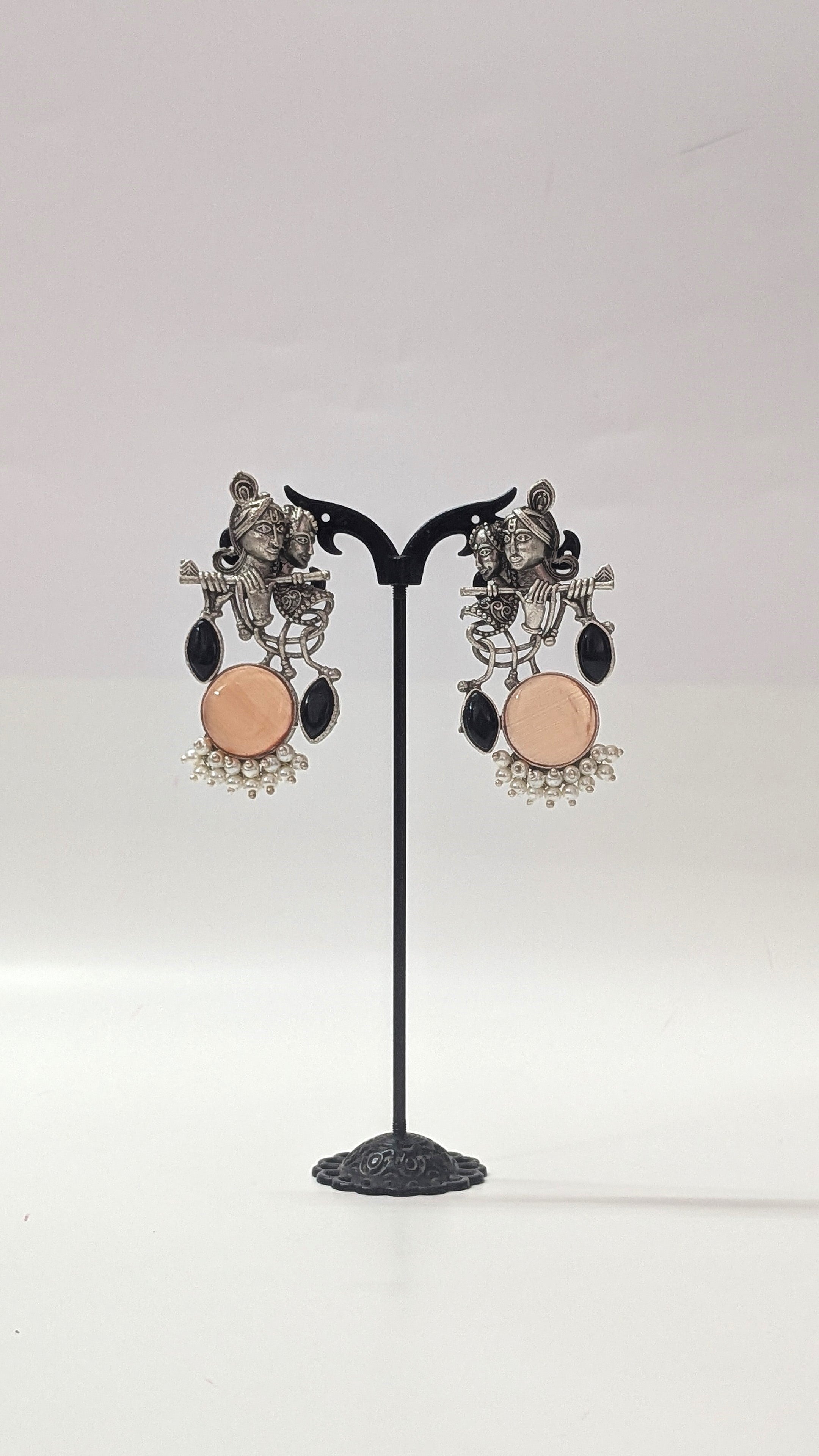 Radha Krishna Oxidized Earrings – Peach Stone with Black Accents & Pearls