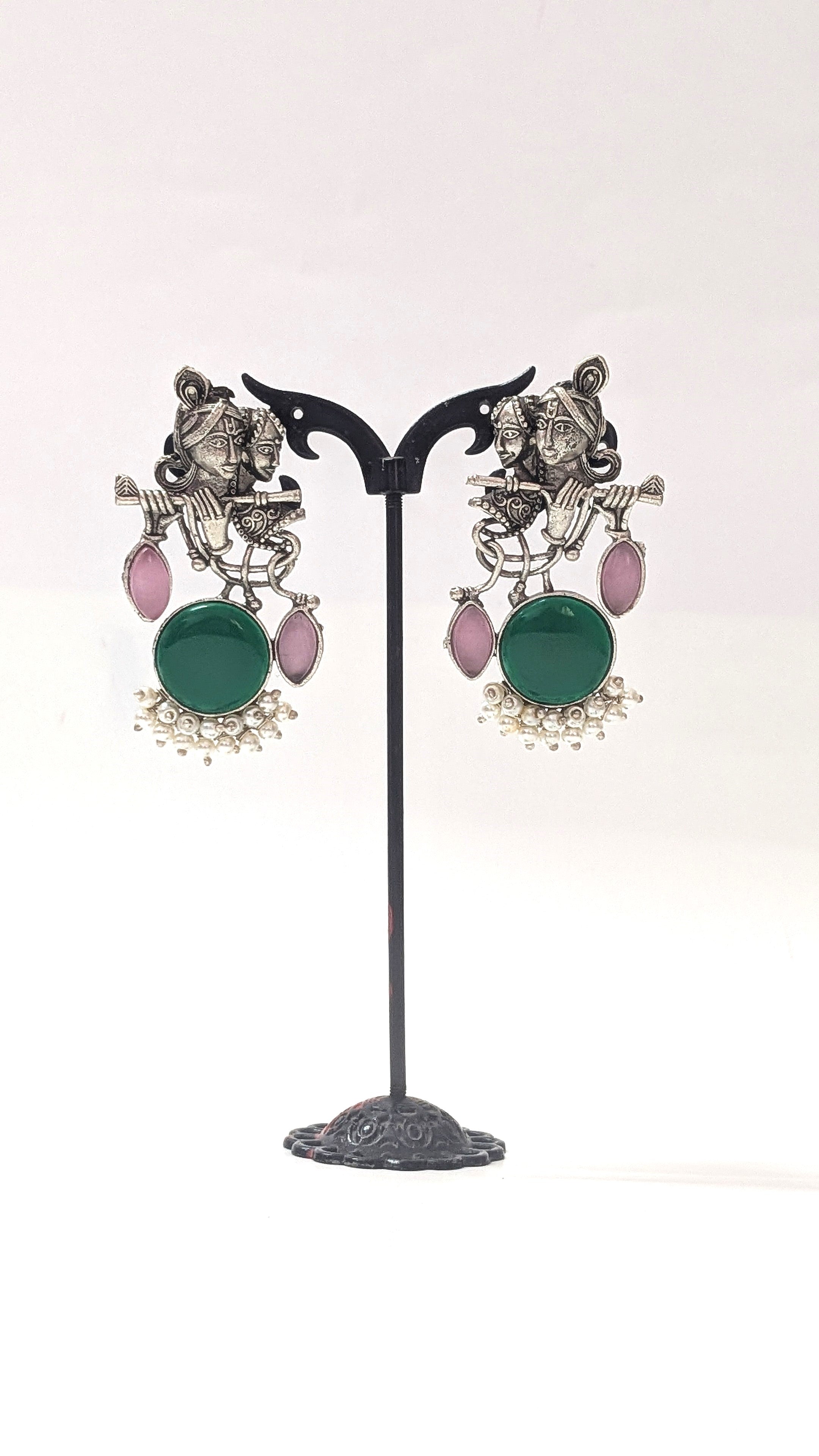 Radha Krishna Oxidised Earrings for women in Green with Pearl Drops