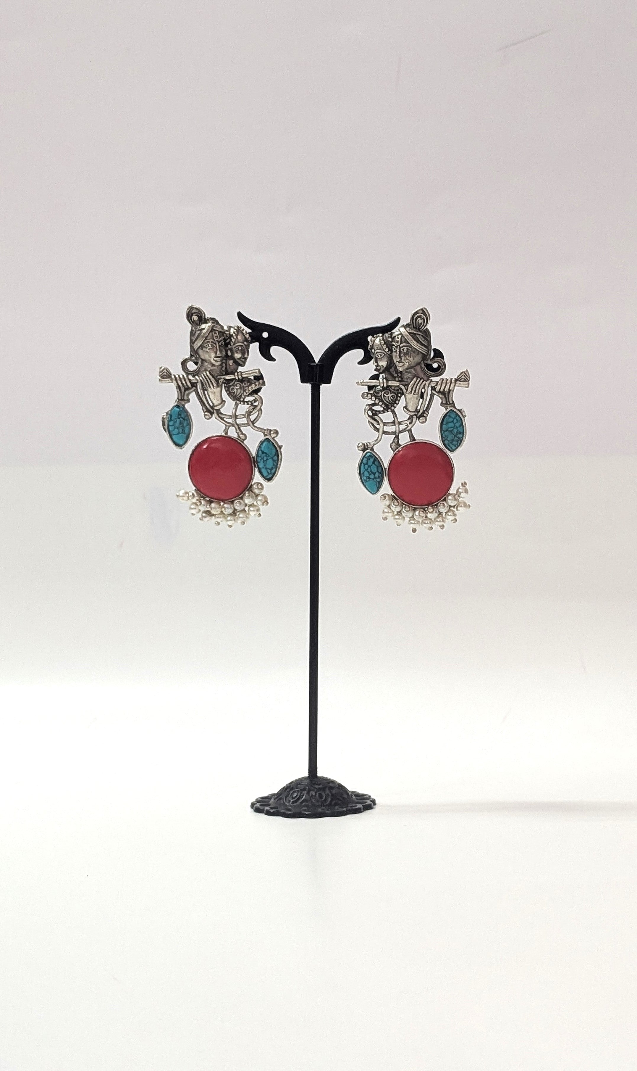 Radha Krishna Beautiful Silver Plated Oxidised Earring in Red