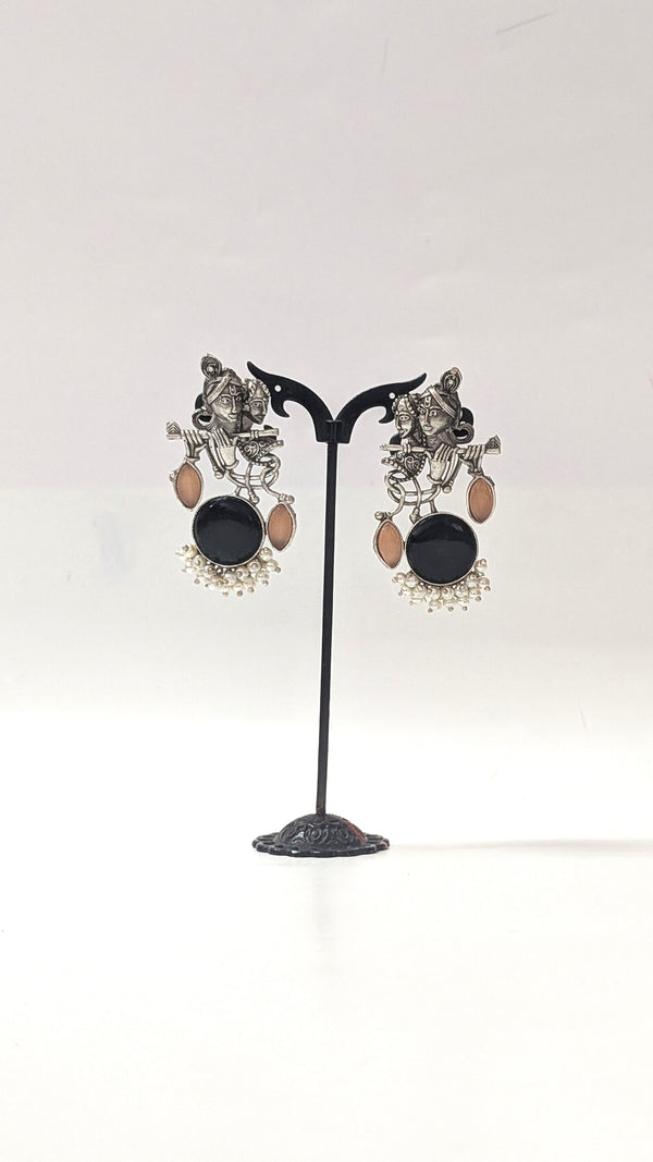 Radha Krishna Oxidised Silver Earrings for Women with Black Stone & Bronze Accents