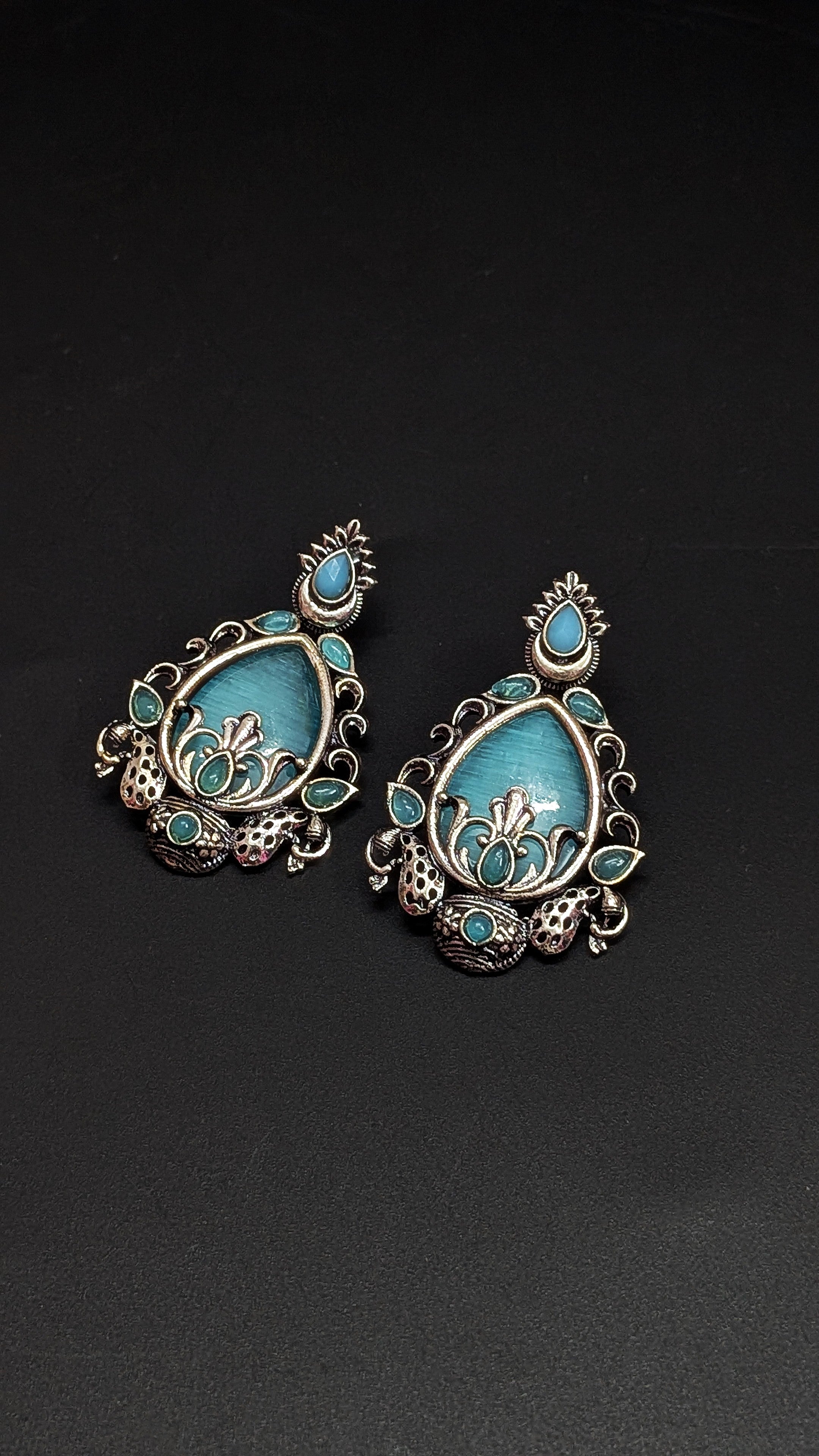 Oxidised Silver Blue Teardrop Earrings – Ethnic Boho Statement
