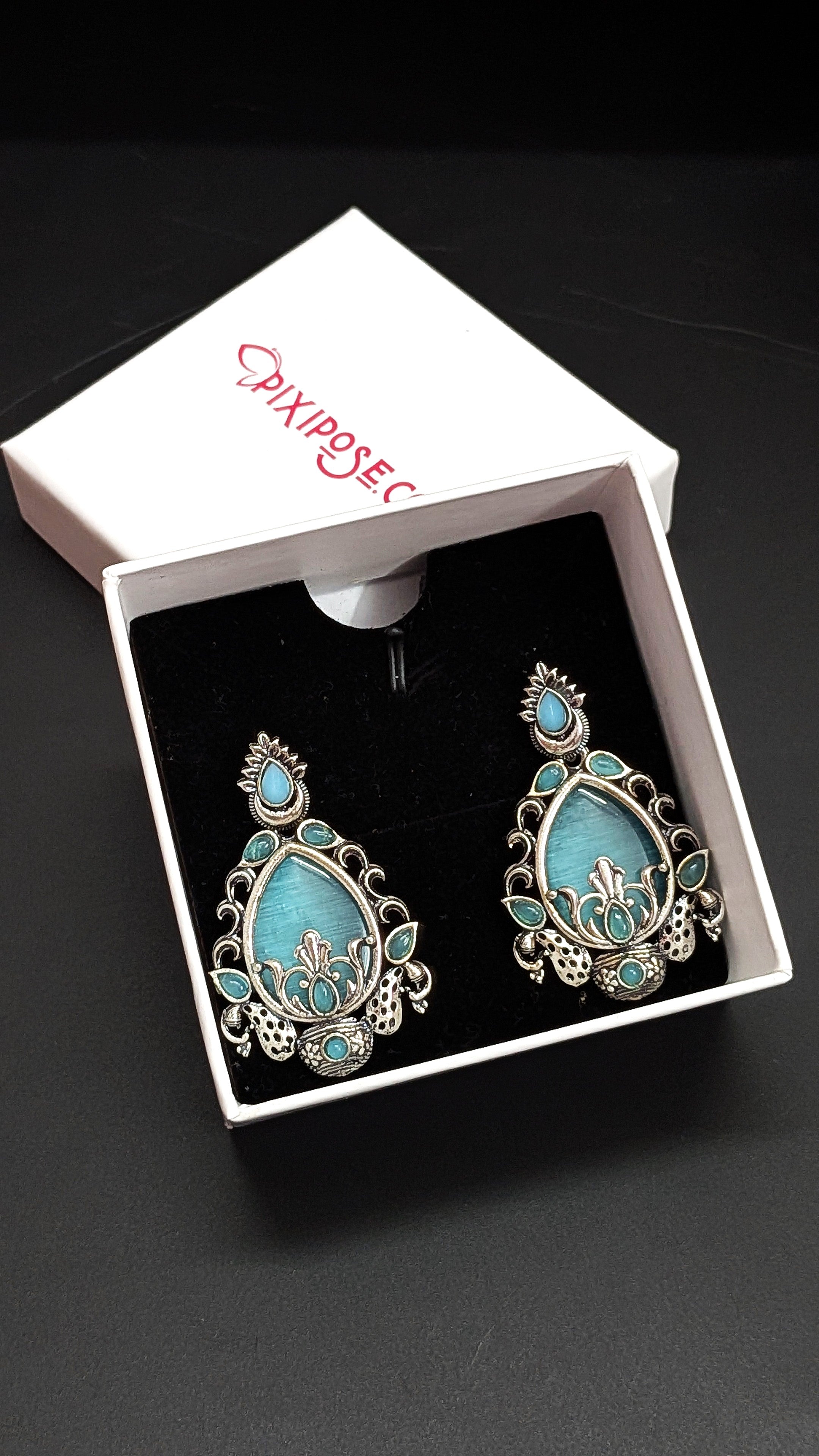 Oxidised Silver Blue Teardrop Earrings – Ethnic Boho Statement