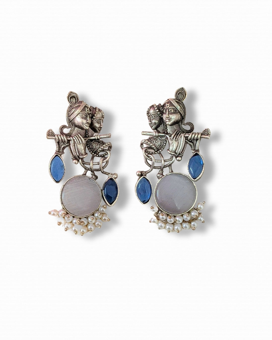 Radha Krishna Oxidised Ethnic Silver Earrings for Women with White Stones & Pearls