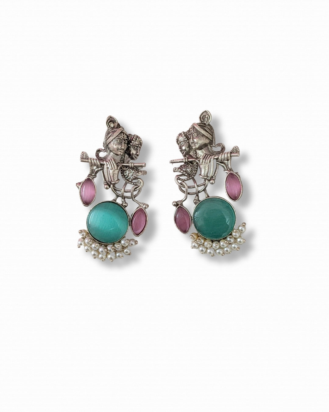 Radha Krishna Oxidised Ethnic Silver Earrings for Women with Mint Green & Purple Stones