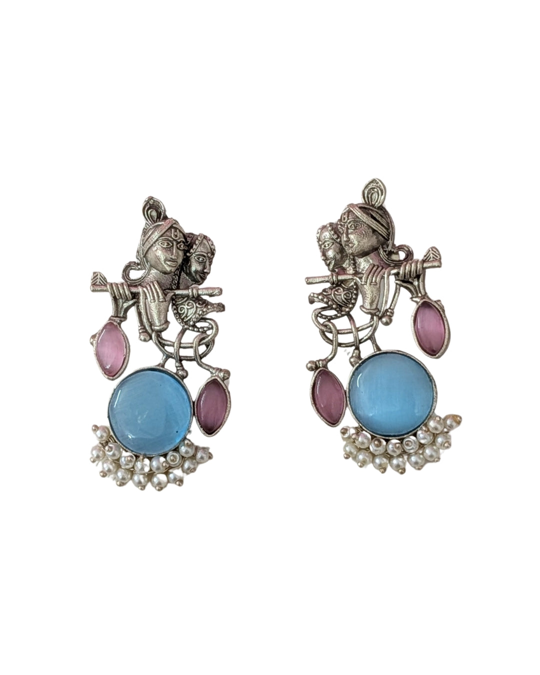 Radha Krishna Oxidized Silver Earrings with Blue Stone & Pearl Drops