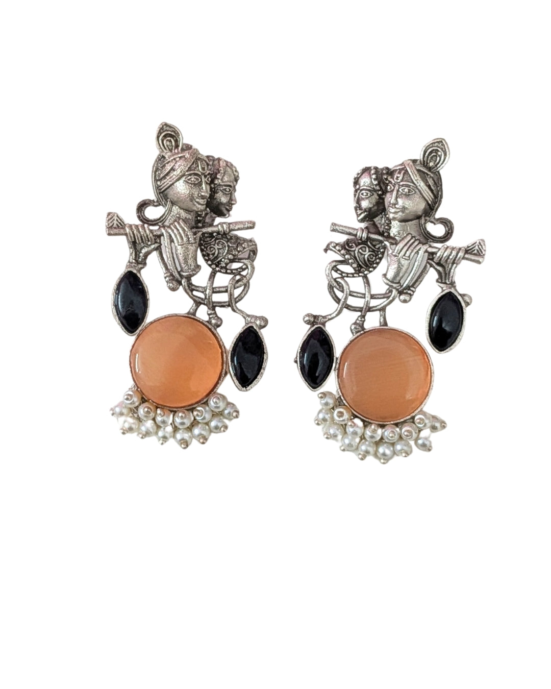 Radha Krishna Oxidized Earrings – Peach Stone with Black Accents & Pearls