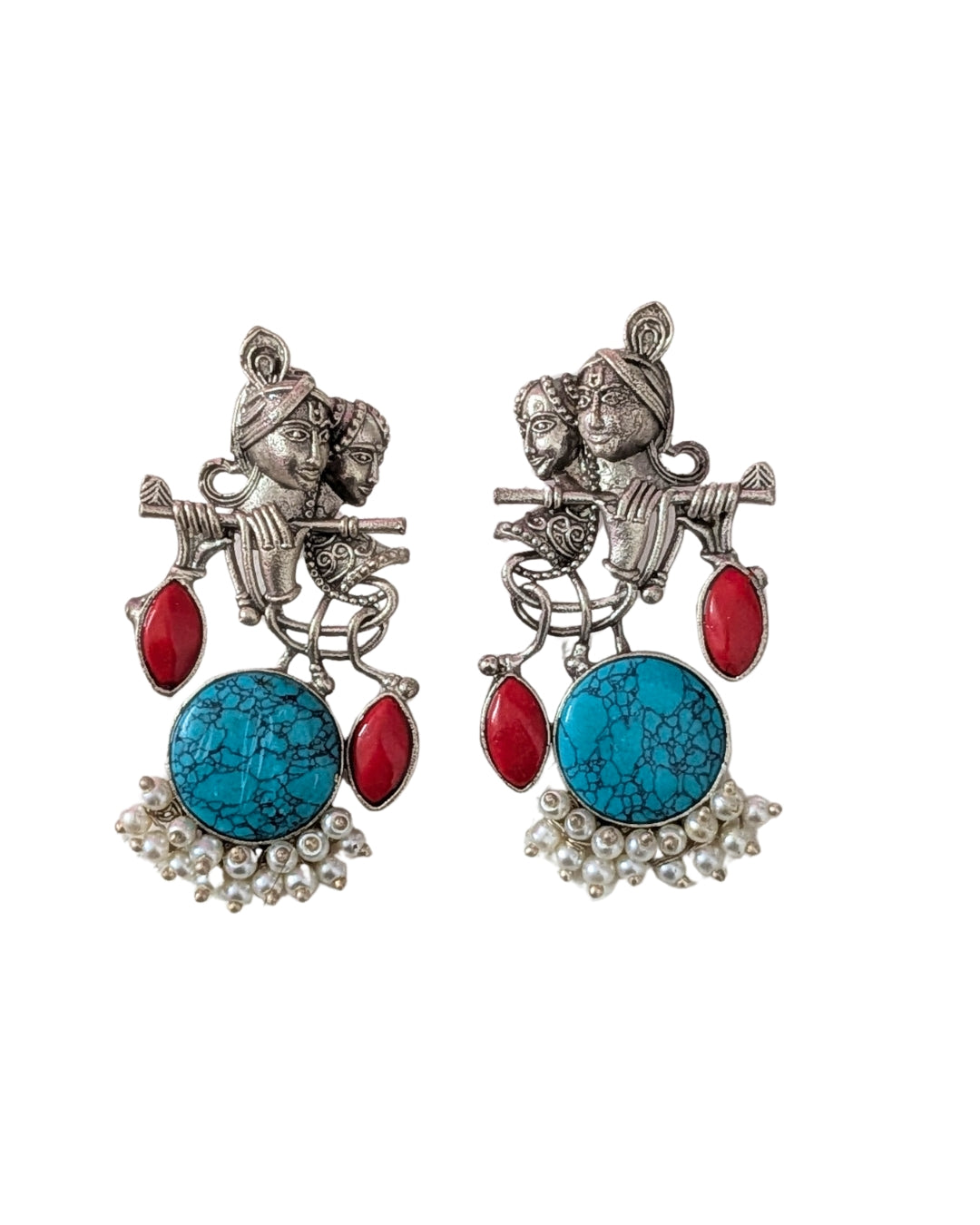 Radha Krishna Oxidized Silver Earrings with Turquoise Stone, Red Accents & Pearls