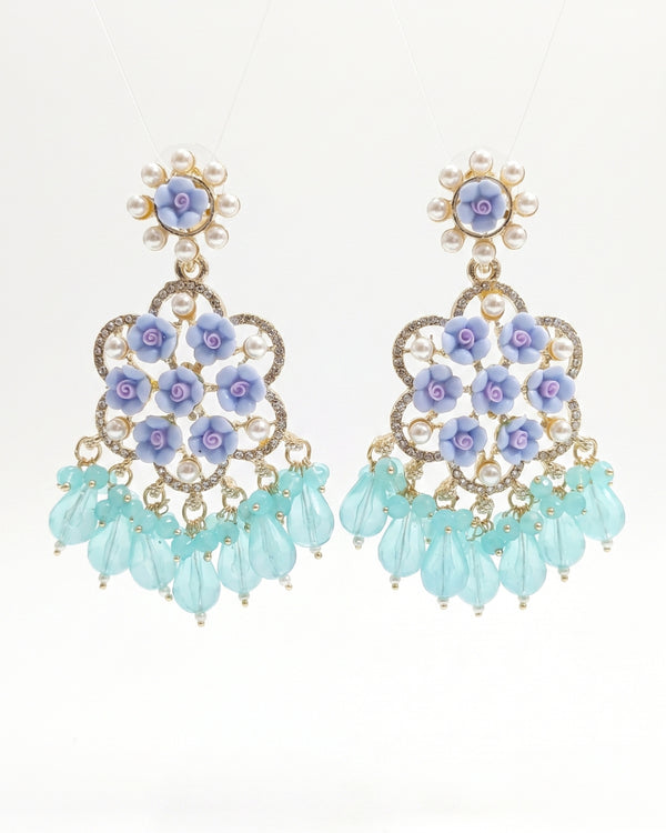 Floral Sea blue Long Dangler Designer Earrings