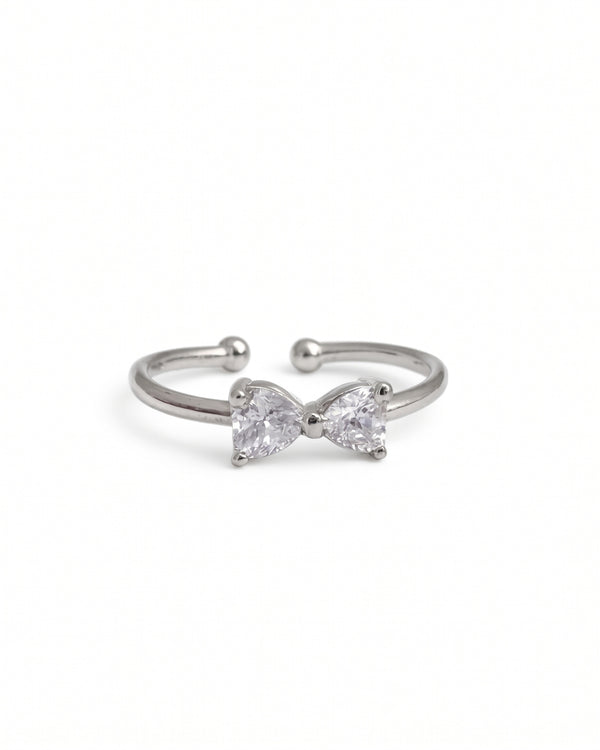 Radiant Crystal Bow Silver Adjustable Ring with Dainty