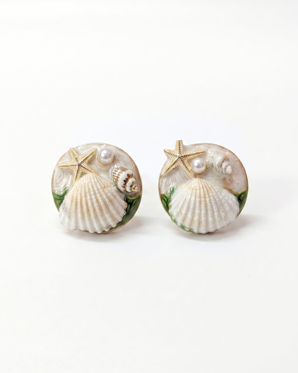 Coastal Charm Seashell Beach Theme with Pearls Stud Earrings