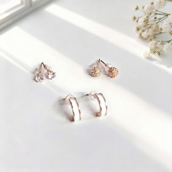 Rosegold Petite Hoops & Stud Earrings Combo – 3 Studs + 1 Hoop Set for Women