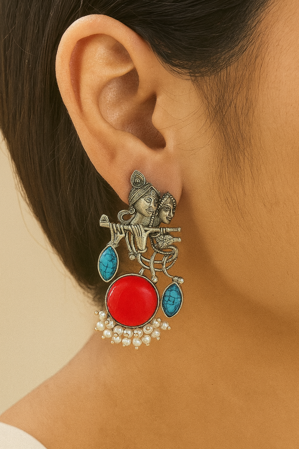 Radha Krishna Beautiful Silver Plated Oxidised Earring in Red