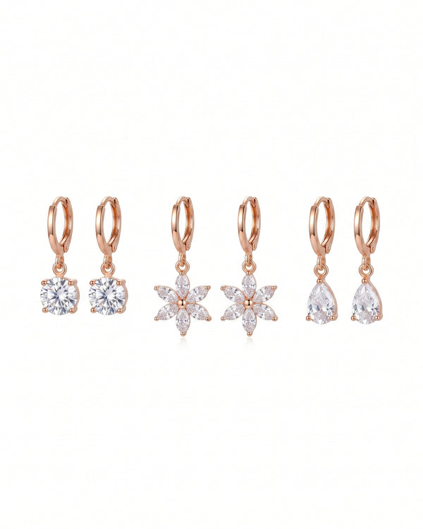 Zirconia Hoop Earrings Combo Set – Rose Gold Floral, Teardrop & Stud Hoops for Women
