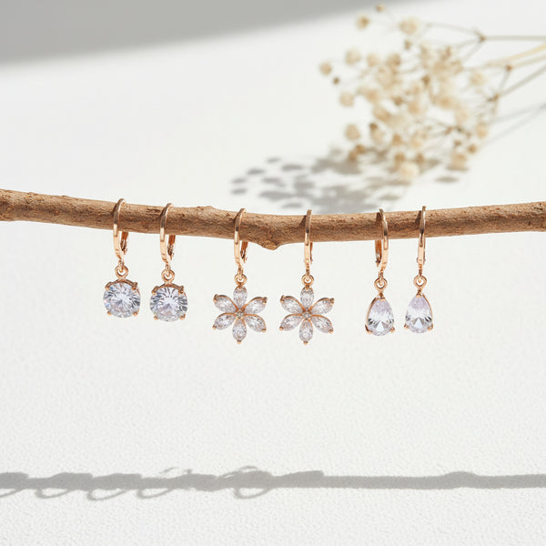 Zirconia Hoop Earrings Combo Set – Rose Gold Floral, Teardrop & Stud Hoops for Women