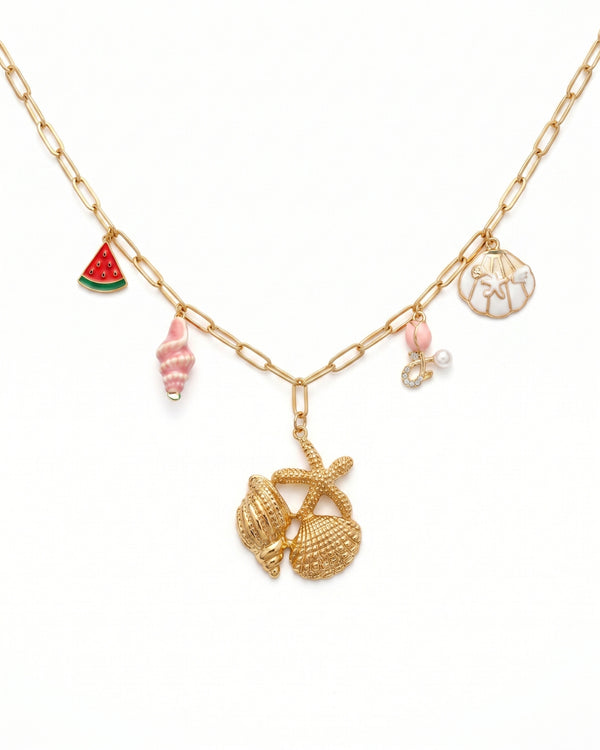 Golden Seashell Charm Necklace with Watermelon & Starfish Accents