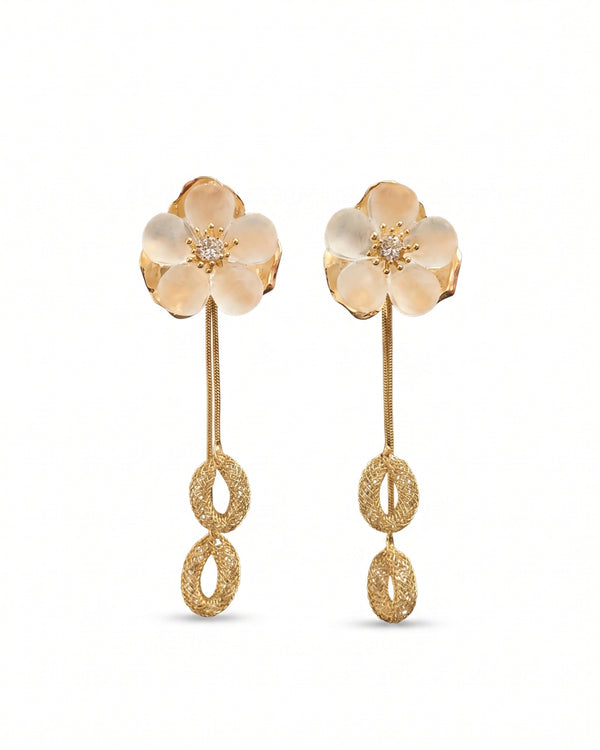 Elegant White Floral Drop Earrings with Golden Dangles