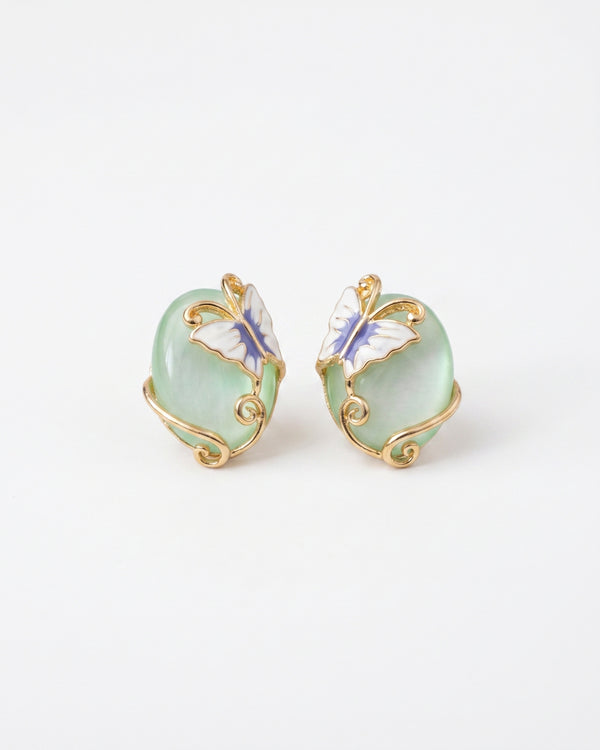 Green Stone Butterfly Elegant Gold Finish Stud Earrings