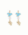 Blue Enamel Bird Drop Earrings with Pearl & Floral Charm