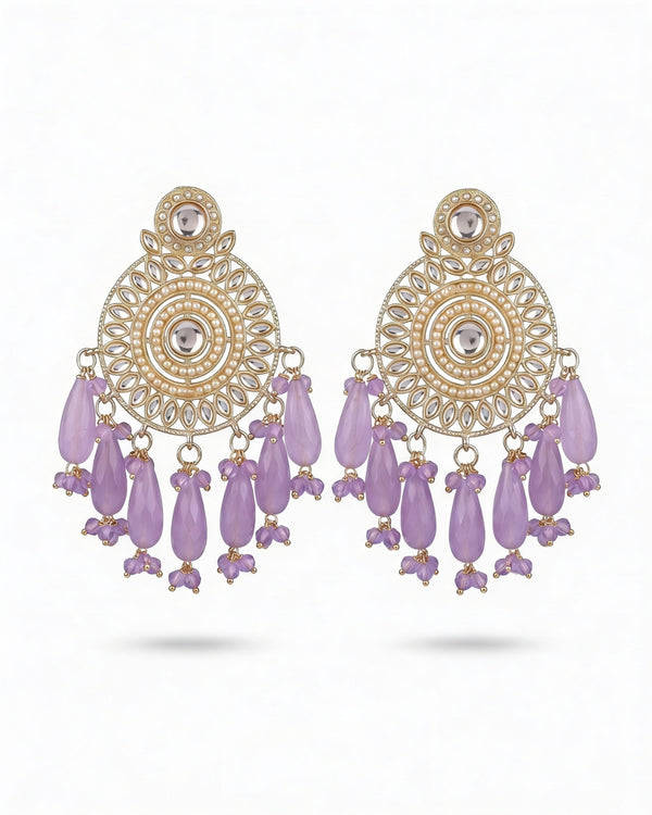 Kundan Round Long Pink Beads Jhumka Earrings