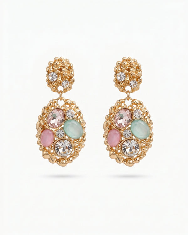 Multicolor Stone-Studded Oval Drop Earrings – Golden Finish