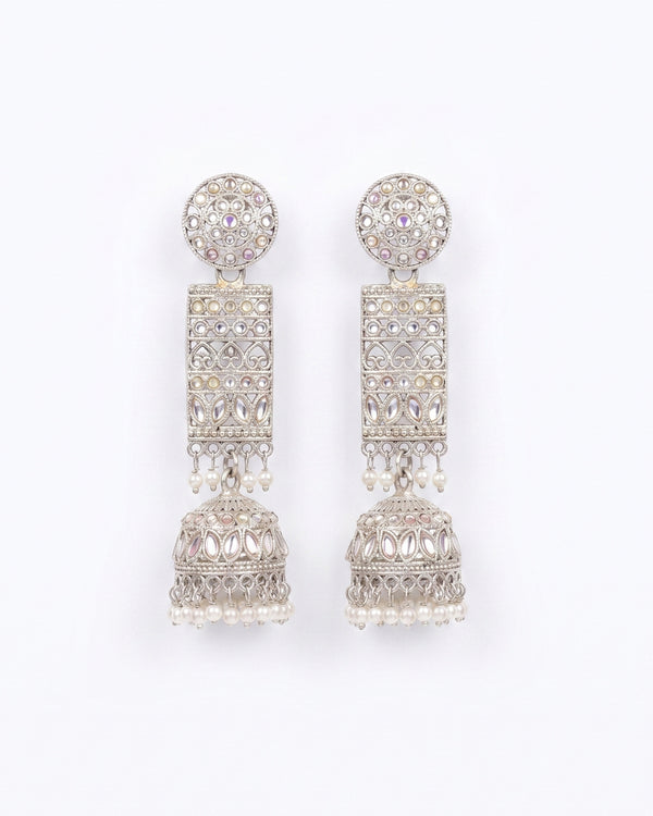 Oxidised Silver Ethnic LongSparkling Jhumka Earrings