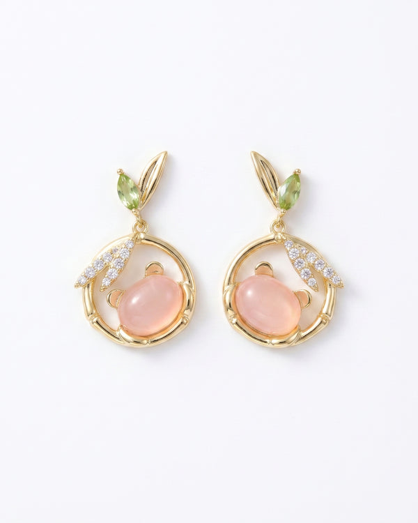 Peach Drop Bear Earrings with Green Leaf Studs