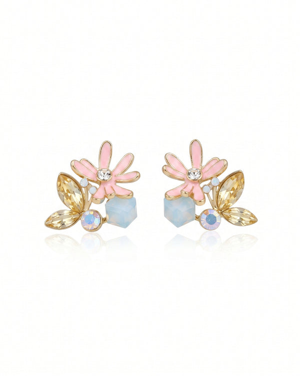 Pink Floral Crystal Stud Earrings with Pastel Stones – Elegant Daily & Party Wear