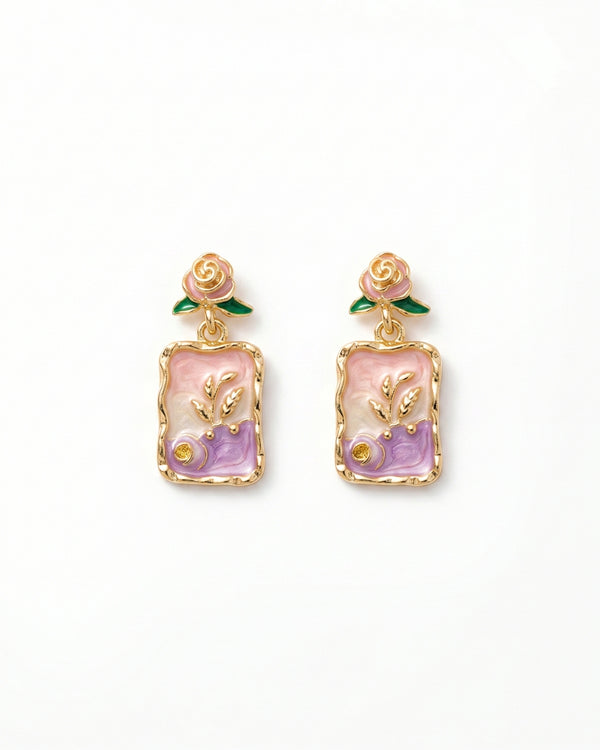 Pink & Purple Elegant Floral Enamel Vintage Drop Earrings