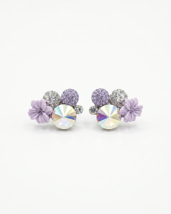 Holographic Crystal & Lavender Flower Stud Earrings – Statement Party Wear