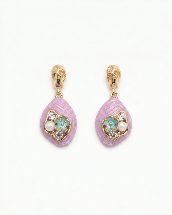 Lavender Textured Drop Earrings with Crystal & Pearl Accents