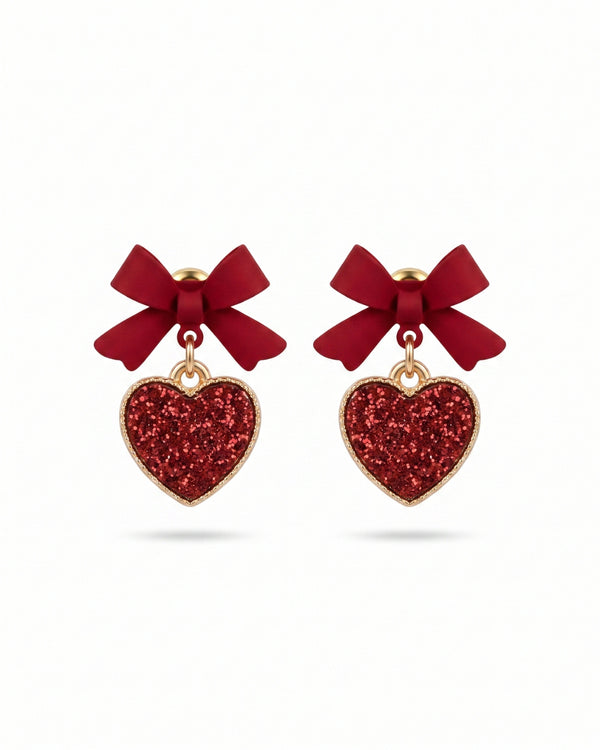 Tiny Red Heart Bow Studs Earrings