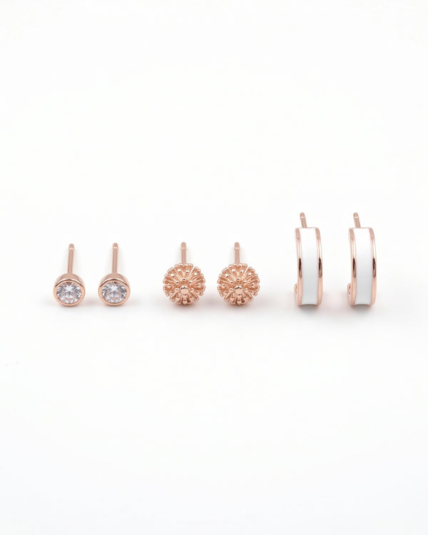 Rosegold Petite Hoops & Stud Earrings Combo – 3 Studs + 1 Hoop Set for Women
