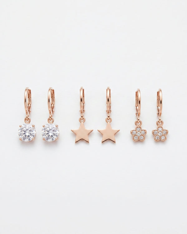 Golden Star & Blossom Hoops Combo Set – 6 Pairs of Everyday Elegance