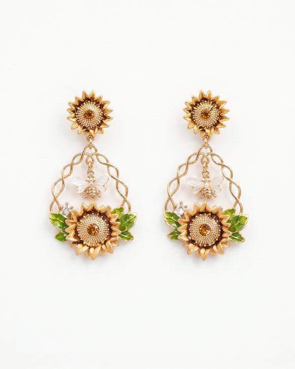 Sunflower Drop Earrings with Bee & Green Leaf