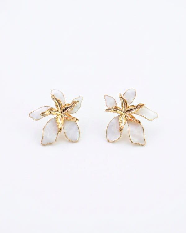 White Orchid Enamel Flower Earrings – Elegant Floral Studs