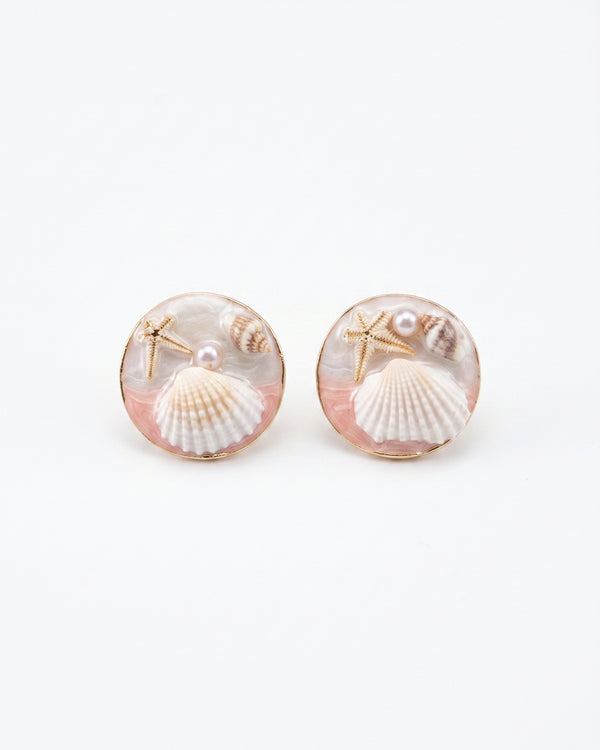 Pink Ocean-Inspired Seashell Stud Earrings with Pearl & Starfish