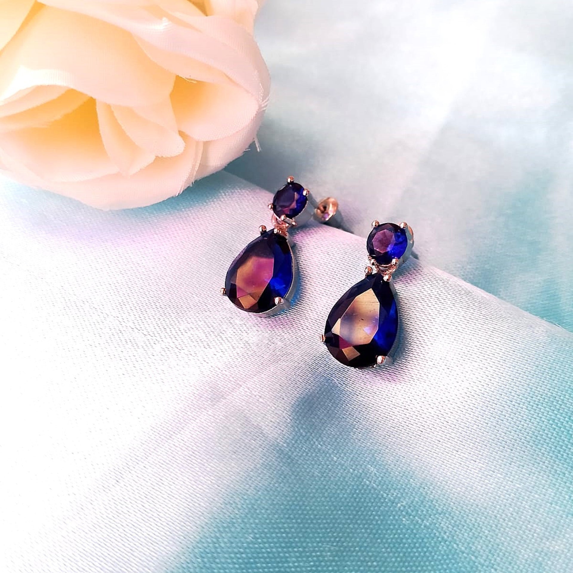 Azure Sparkle Water Droplet Earrings – Blue AD Stone Dangler Studs for Women