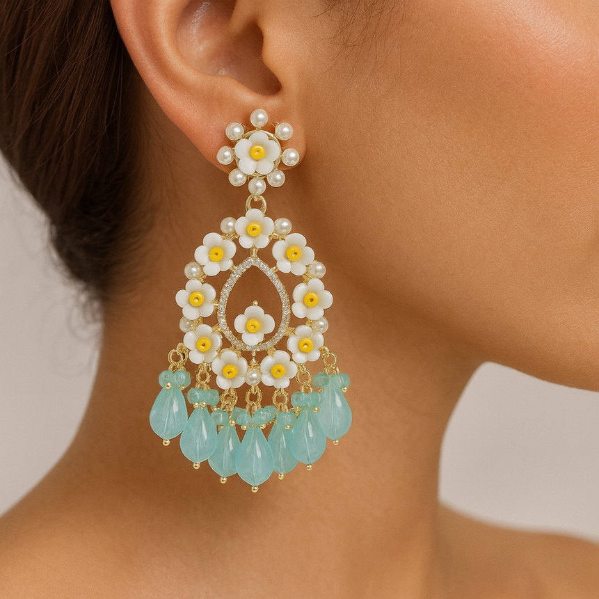 Dreamy Blue Sparkling Crystal Long Beads Earrings