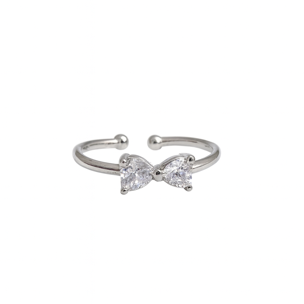 Radiant Crystal Bow Silver Adjustable Ring with Dainty