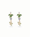 Green Enamel Bird Drop Earrings with Pearl & Floral Charm