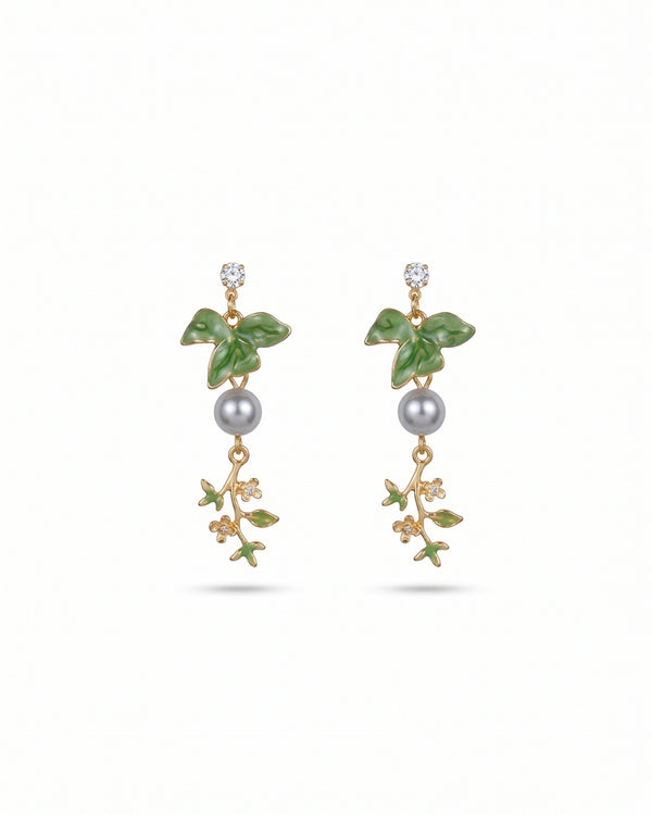 Green Enamel Bird Drop Earrings with Pearl & Floral Charm