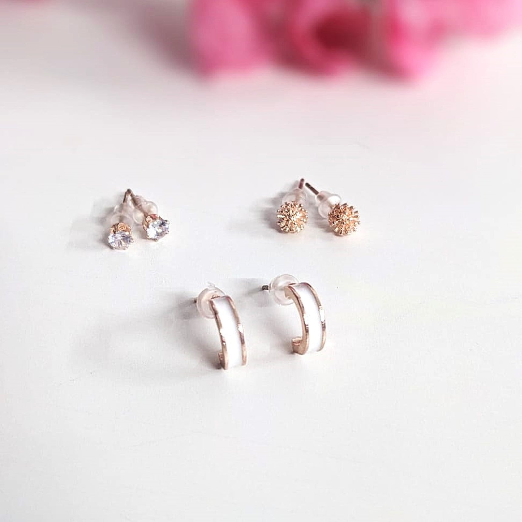 Rosegold Petite Hoops & Stud Earrings Combo – 3 Studs + 1 Hoop Set for Women