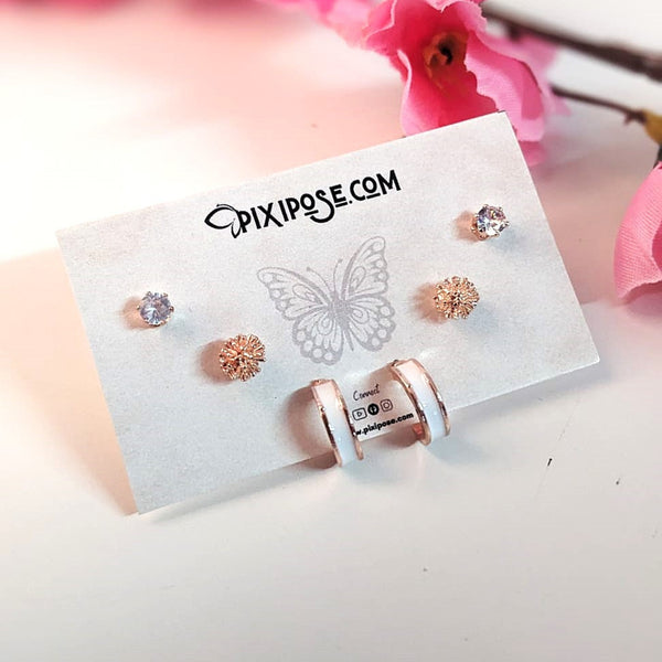 Rosegold Petite Hoops & Stud Earrings Combo – 3 Studs + 1 Hoop Set for Women
